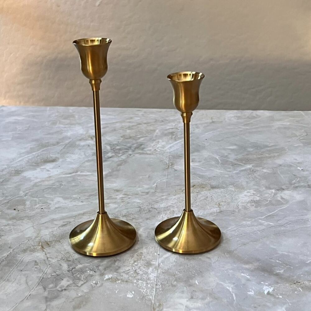 Set of 2 Gold Metal Taper Candle Holders 7.75" & 6.5" Tall - Picture 2 of 7